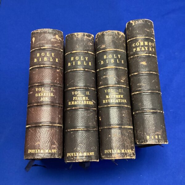 Antique bible collection featuring leather bound religious texts.