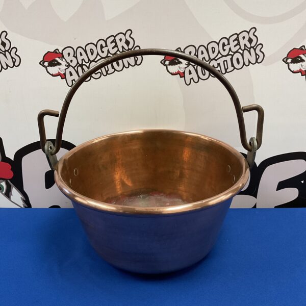 Antique copper jam pan with wrought iron handle, vintage kitchenalia.