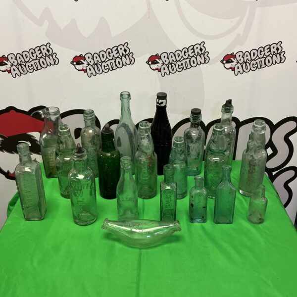 Antique glass bottles from R Whites and Hooper's, vintage collectables.