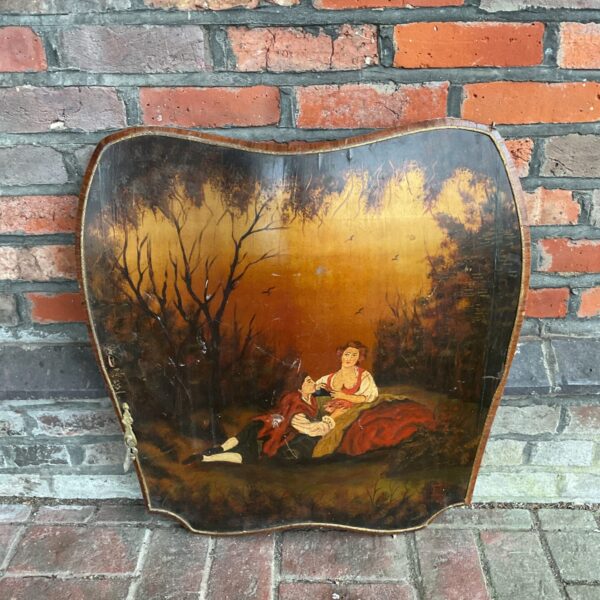 Antique hand-painted bentwood cupboard door with pastoral scene.