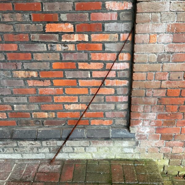 Antique horse-drawn coach whip leaning against a brick wall.