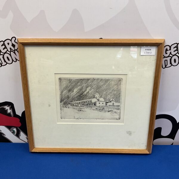 Antique Mediterranean village sketch signed DD, vintage coastal scene.