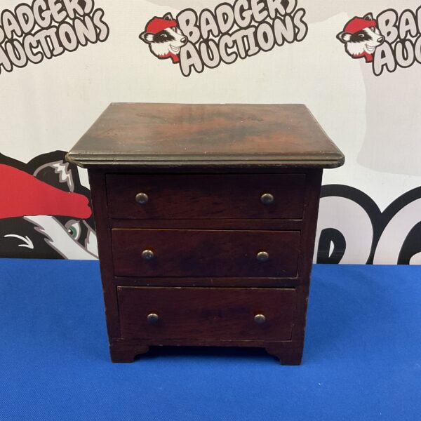 Antique miniature wooden chest of drawers, 23x23x17cm, vintage collectible.