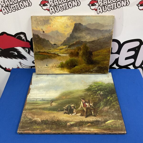 Antique oil painting of a landscape signed f e jameson, needing restoration.