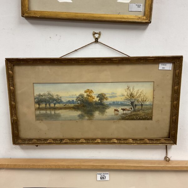 Antique watercolour painting of cattle in a river landscape, signed HL 1892.
