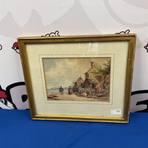 Antique watercolour painting of a charming fishing village with a sailboat.