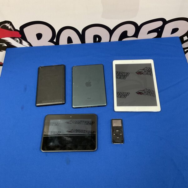 Apple iPad and Amazon tablet lot with iPod, portable electronics.