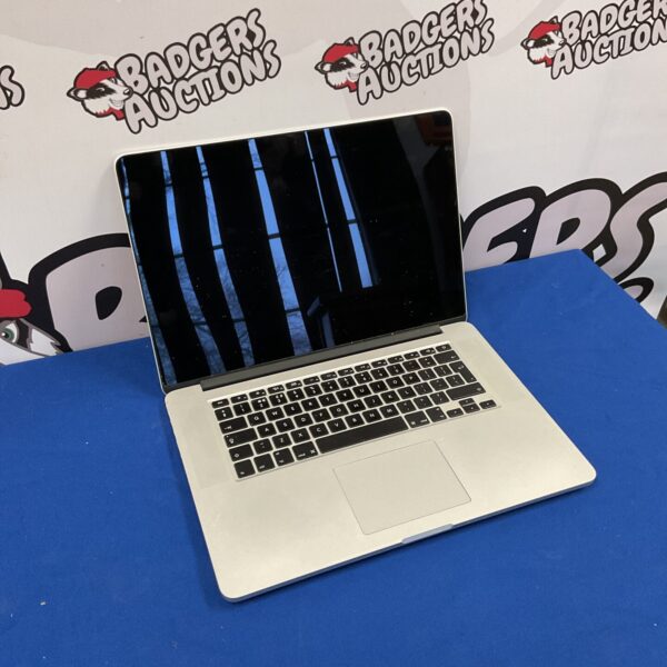 Silver Apple Macbook Pro A1398 laptop with open screen.