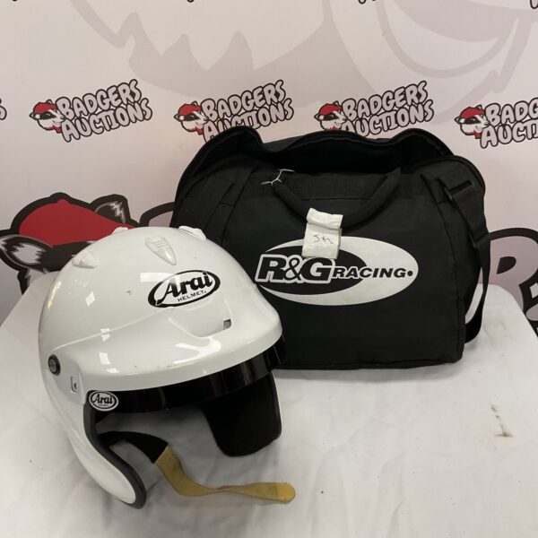 White Arai GP-J3 race helmet with R&G Racing helmet bag.