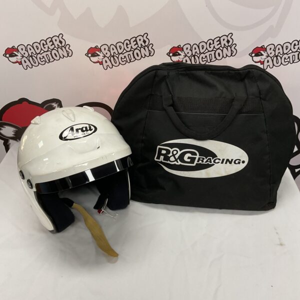 White Arai GP-Jet F race helmet with black visor.