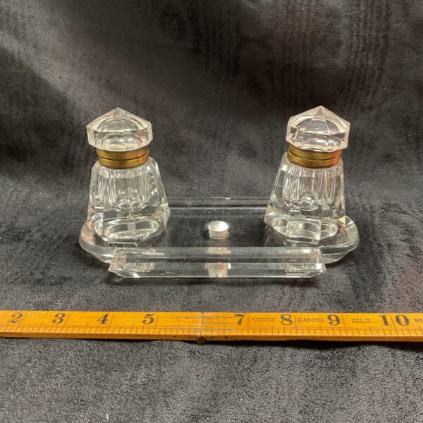 Vintage Art Deco inkwell stand with stepped glass design.
