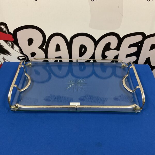 Vintage Art Deco serving tray with metal frame and glass base.