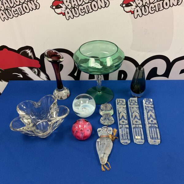 Assorted art glass collection including Murano vase and paperweights.