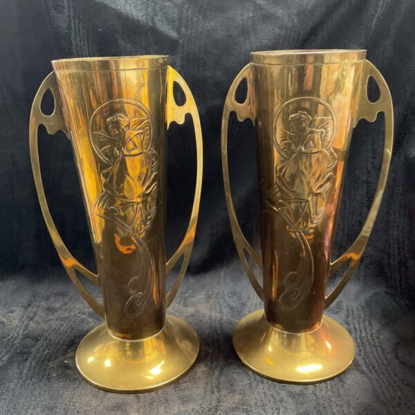 Pair of antique Art Nouveau brass vases by Belray Limited.