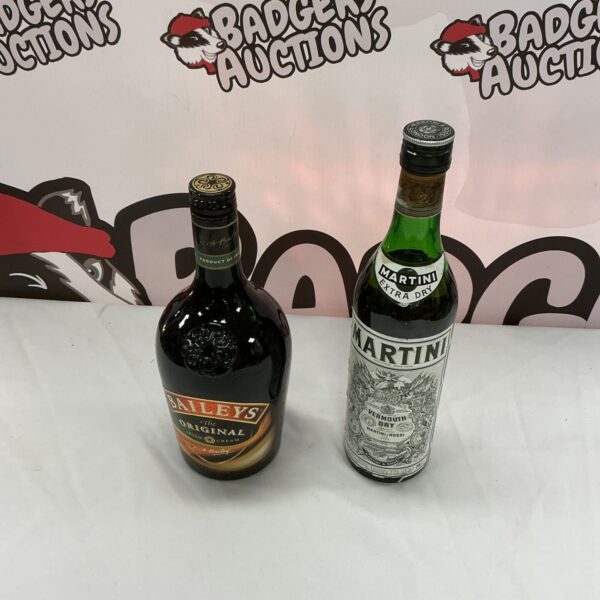 Baileys and Martini bottles, collectible liquor, vintage glass