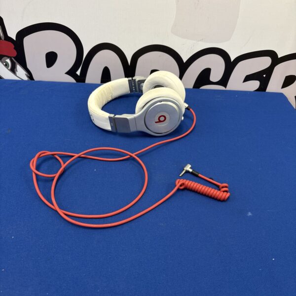 Silver Beats by Dr Dre Pro Monster wired headphones, side view.