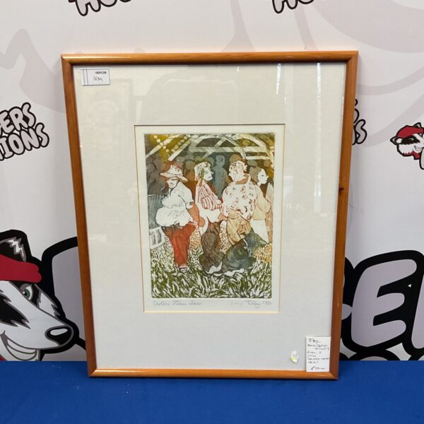 Beryl Tilley woodcut print of Carters Steam Fair, vintage fairground art.