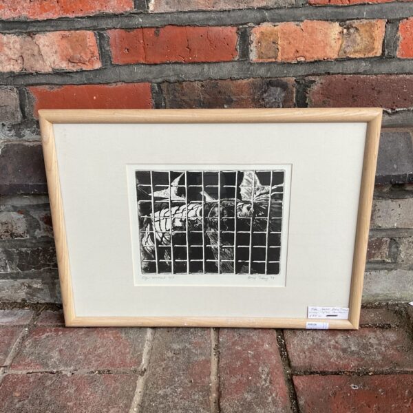 Beryl Tilley woodblock print titled ‘eye contact’ – abstract art