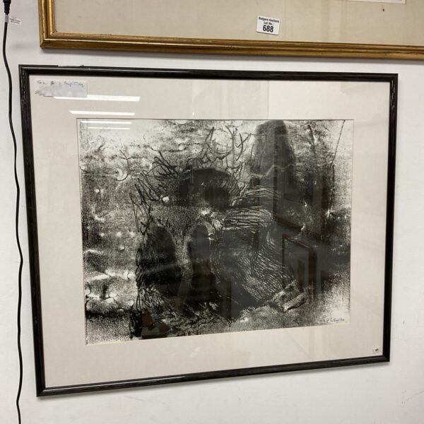 Abstract landscape monoprint by Beryl Tilley, textured art.