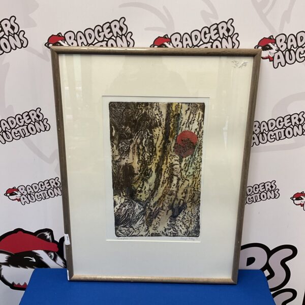 Beryl Tilley collagraph print depicting a textured rock face landscape.