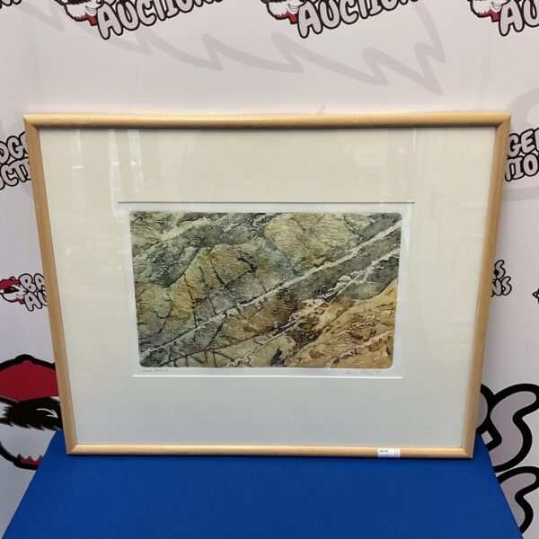 Textured collagraph print ‘Rock Face’ by Beryl Tilley, abstract landscape art.