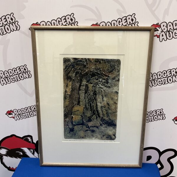 Beryl Tilley collagraph print depicting a dramatic landscape scene.
