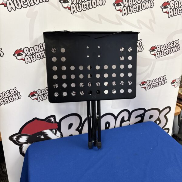 Black portable music sheet stand for musicians and students.