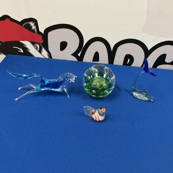 Stunning blue glass horse sculpture paperweight, collectible art glass.