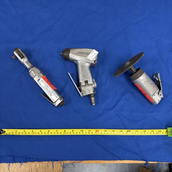 Bluepoint air tools lot including ratchet, impact driver, and cutting tool.