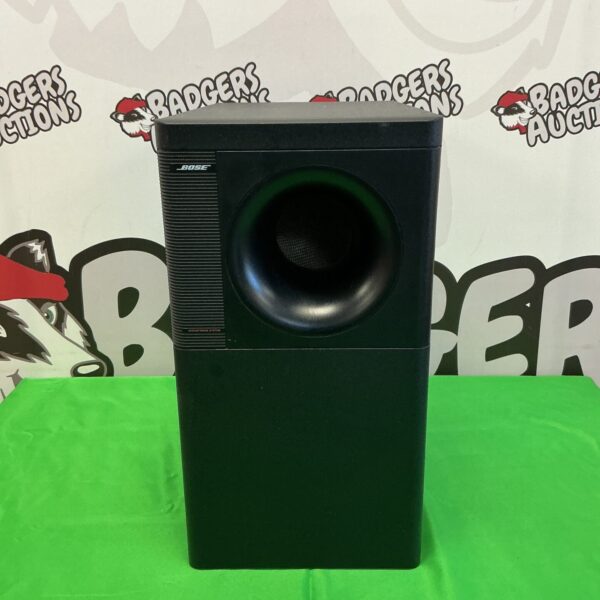 Black Bose Acoustimas Series IV subwoofer for home theater audio.