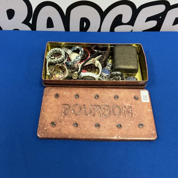 Vintage Bourbon biscuit tin filled with colourful costume jewellery.
