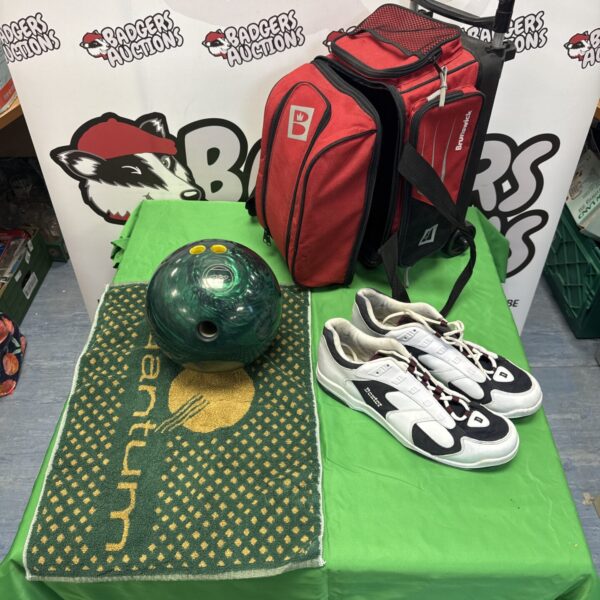 Complete bowling set with Ebonite ball, Brunswick bag, and Dexter shoes.