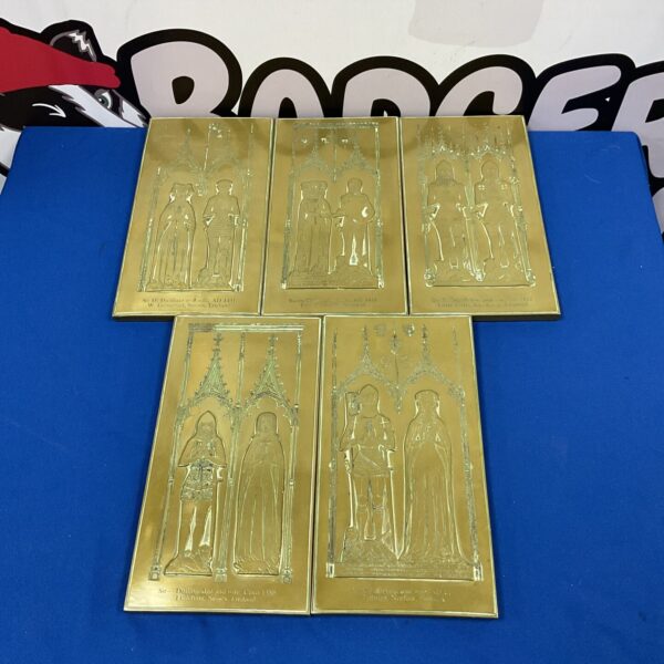 Vintage brass plaques depicting knights of England, collectible historical art.