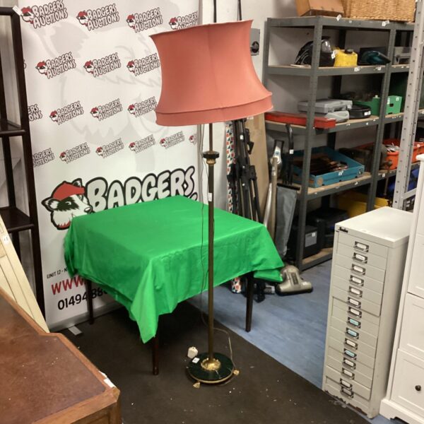 Vintage brass standard lamp with marble base and terracotta shade.