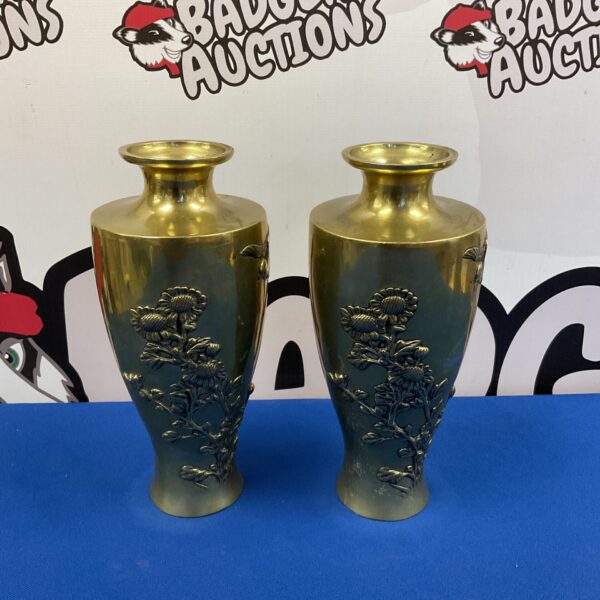 Vintage brass sunflower vases, decorative brassware pair.
