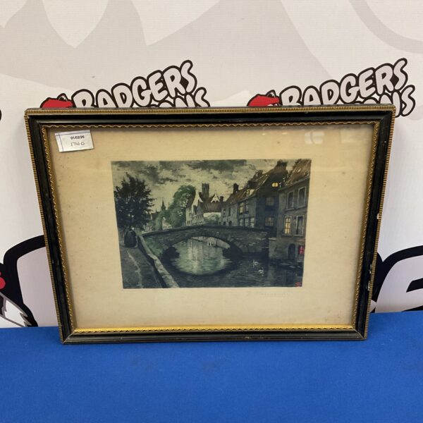 Antique 19th-century coloured aquatint of Bruges Rosary Bridge.