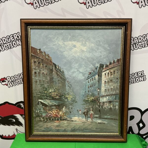 Large signed oil painting of a French town street scene by Burnett.