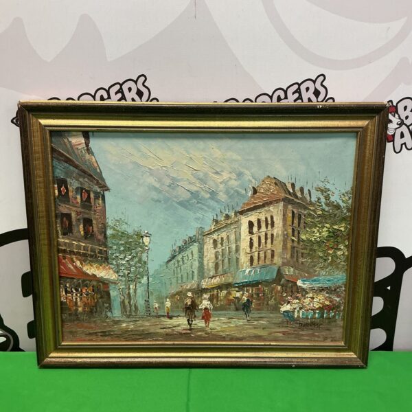 Vintage French town street oil painting signed by Burnett.
