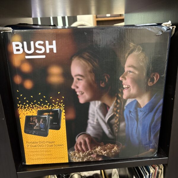 Boxed Bush 9 inch portable DVD player for travel entertainment.