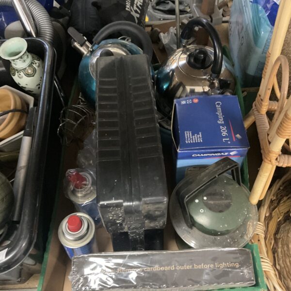 Mixed lot of vintage camping equipment and outdoor gear.