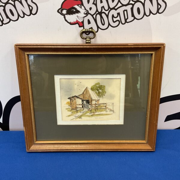 Vintage Canadian watercolor painting of a barn and outhouse.
