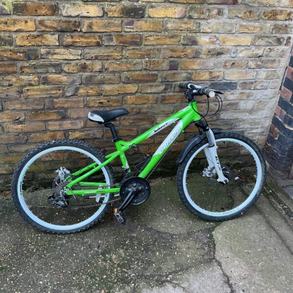 Front view of a green Carrera Blast mountain bike.