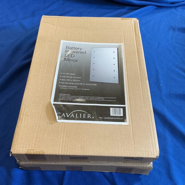 Cavalier LED bathroom mirror, 450x300mm, battery powered lighting.