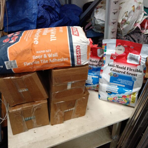 Ceramic tiles, tile adhesive and coloured grout lot for DIY projects.