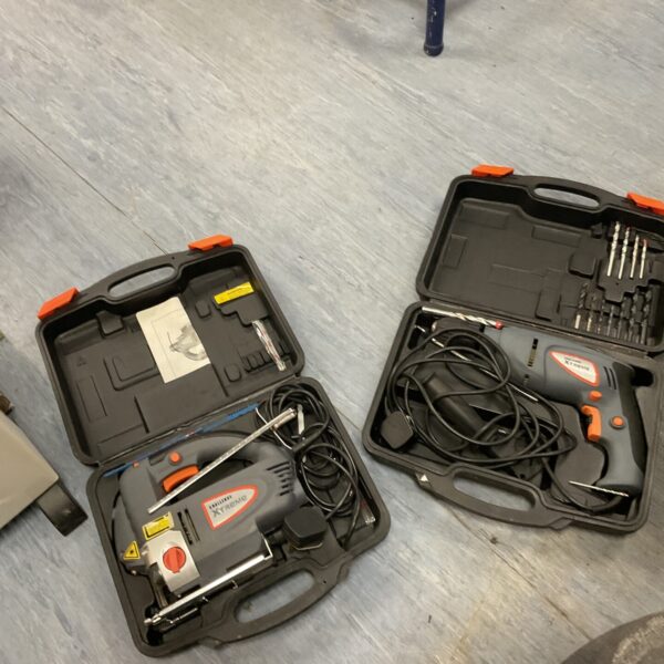 Challenge Xtreme power tools set with drill and jigsaw in cases.