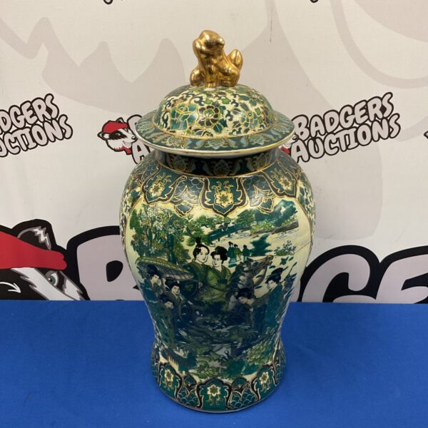 Hand-painted Chinese lidded urn, 45cm tall, detailed porcelain.