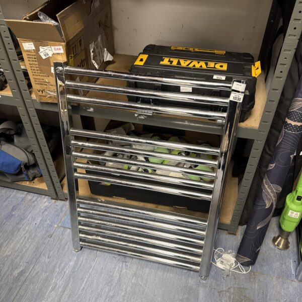 Chrome heated towel rail for bathroom, untested condition.