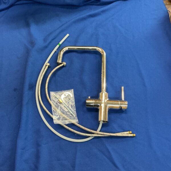 Chrome kitchen mixer tap with flexible hoses for sink installation.