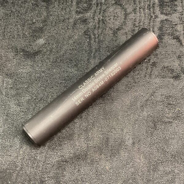 Classic Army 14mm airsoft suppressor with visible serial number.