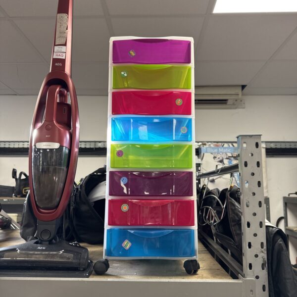 Bright colourful plastic storage cabinet with seven drawers.